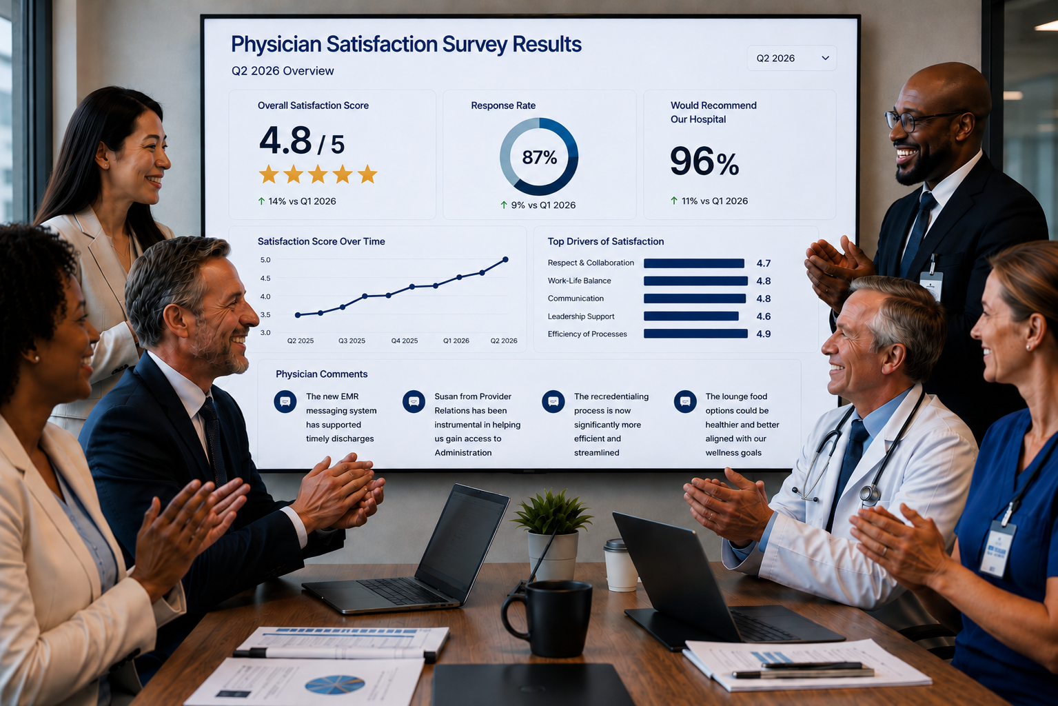 Healthcare leaders reviewing physician satisfaction survey results